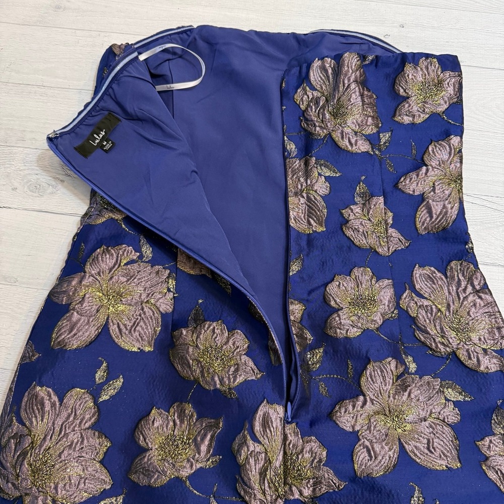 Lulu's Navy Blue Strapless Midi Dress with Metallic Floral Brocade - Picture 9 of 12